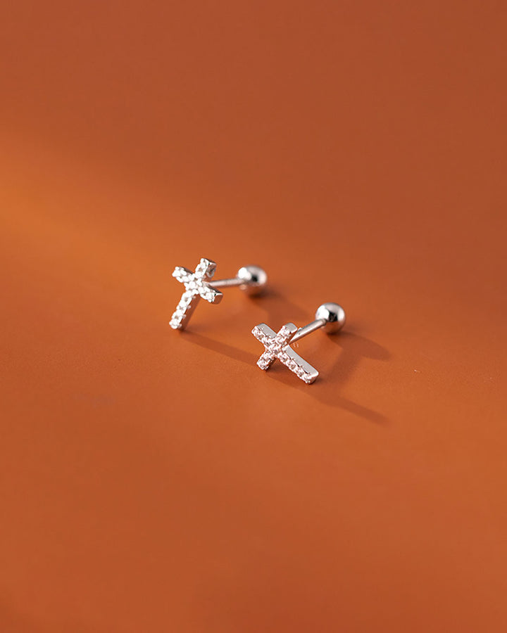 Diamante Cross Charm Barbell Earrings