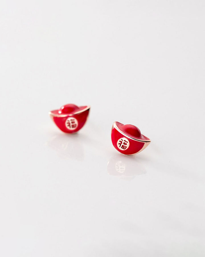 Red Yuan Bao Stud Earrings