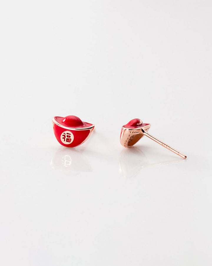 Red Yuan Bao Stud Earrings