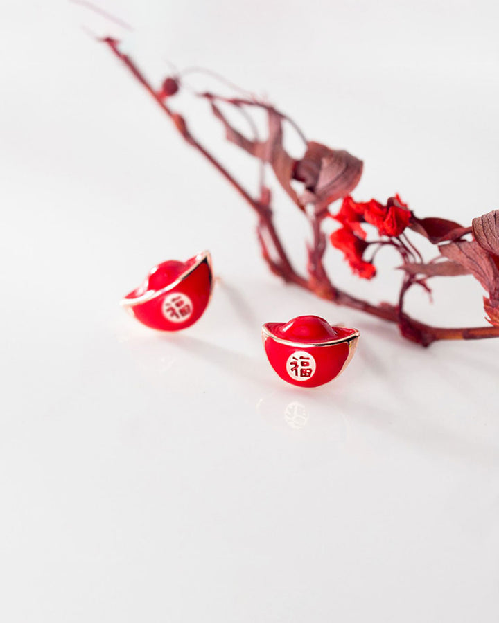 Red Yuan Bao Stud Earrings