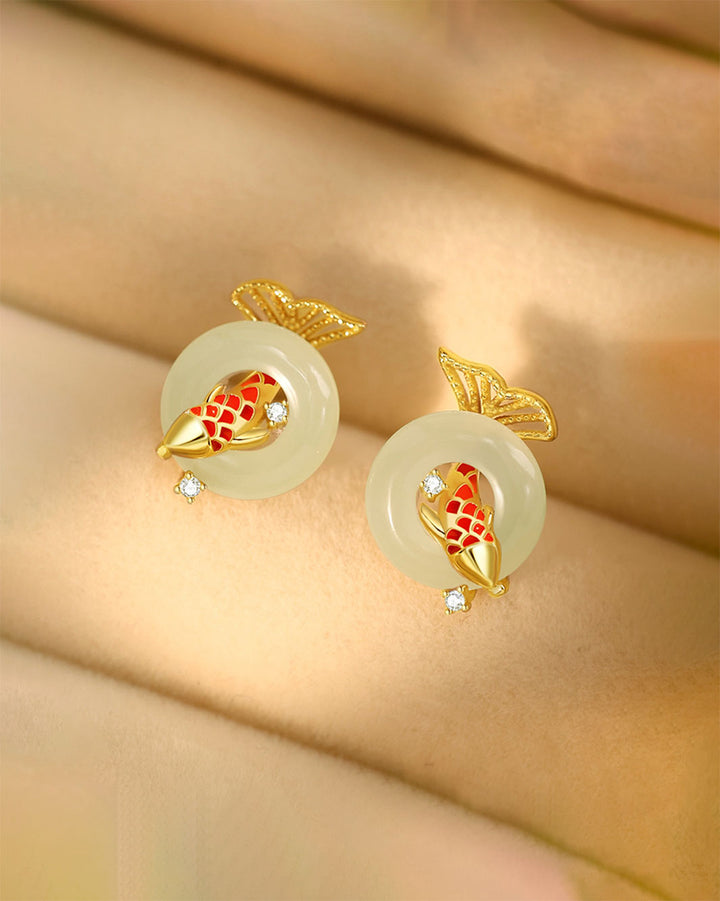 Golden Koi with Jade Stud Earrings