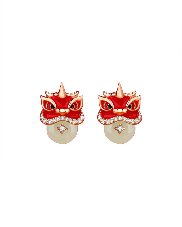 Dancing Lion Jade Stud Earrings